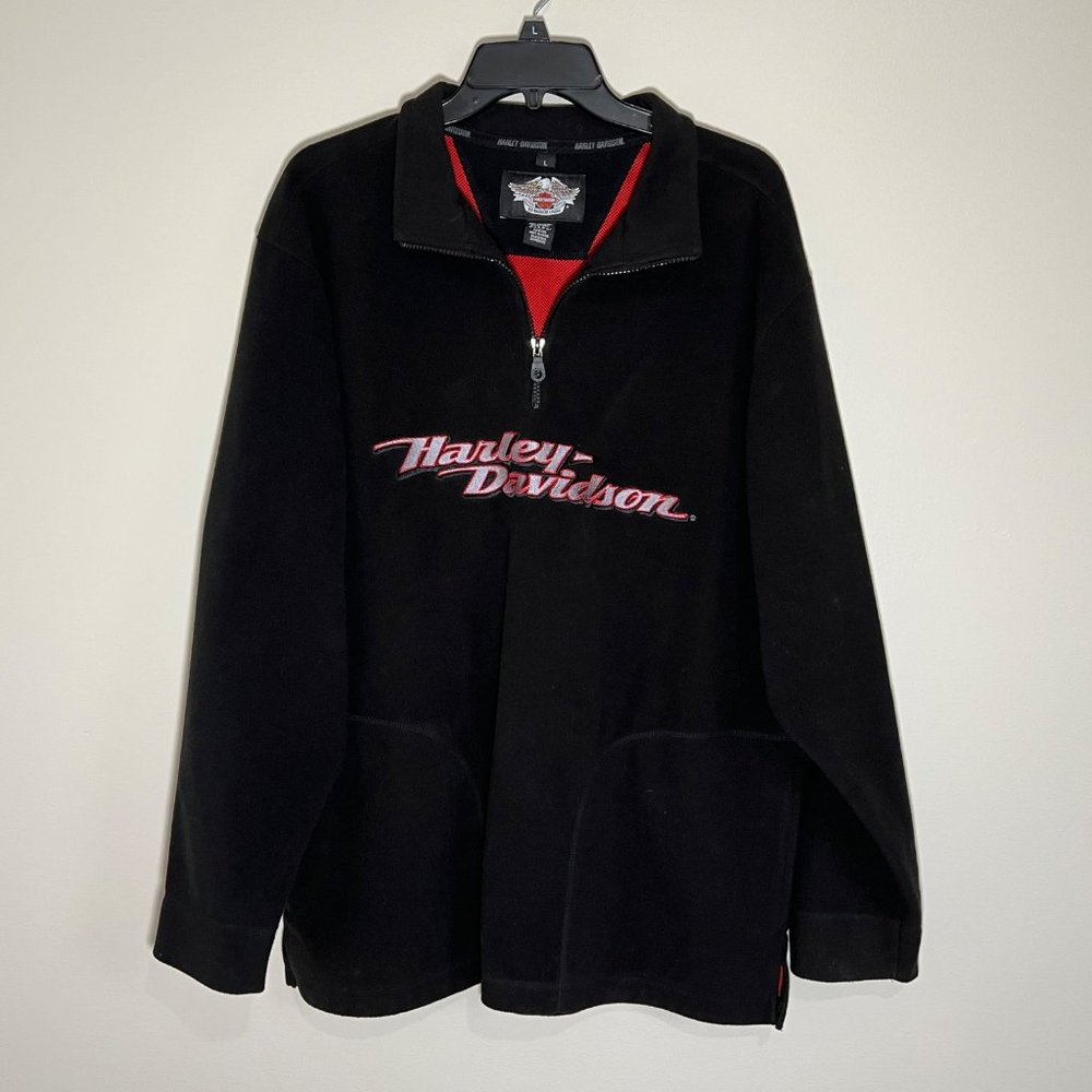 Harley Davidson Men’s Large Fleece Pullover 1/4 Zip Black Red
